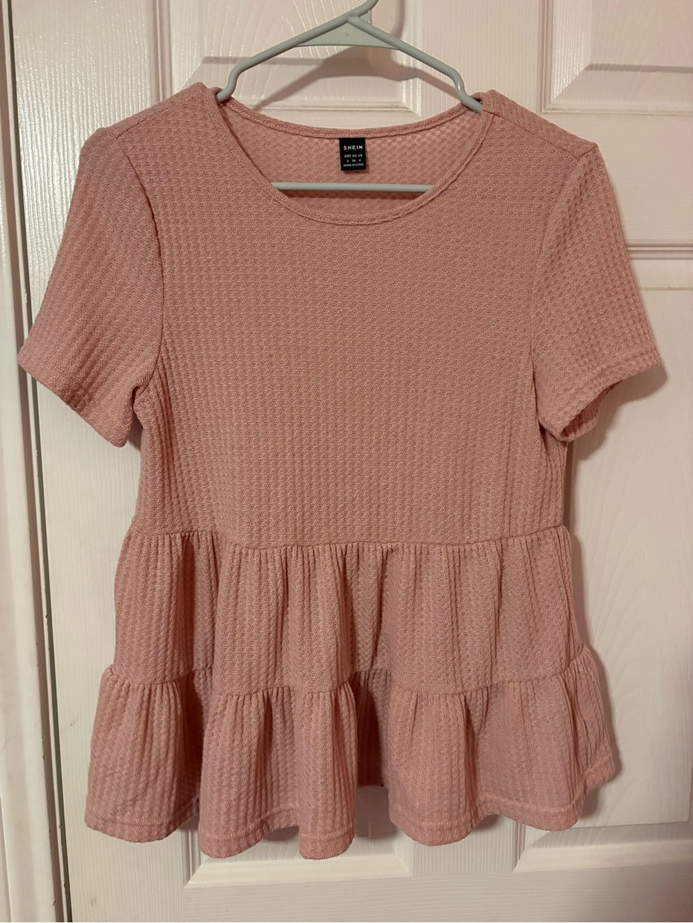 SHEIN Blush Pink Textured Short Sleeve Tiered Peplum Top